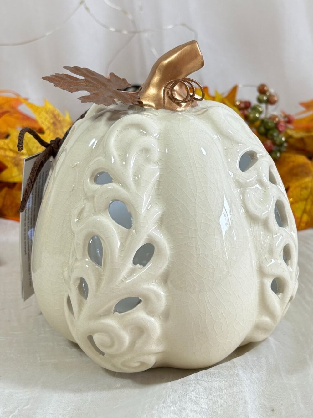 Halloween Fall Cream Crackled Ceramic Pierced Led Light Up Pumpkin Metal Leaf